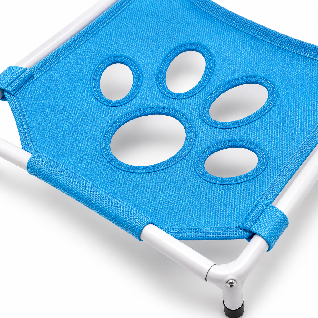 Close-up of the breathable blue paw-print mesh sling and reinforced frame