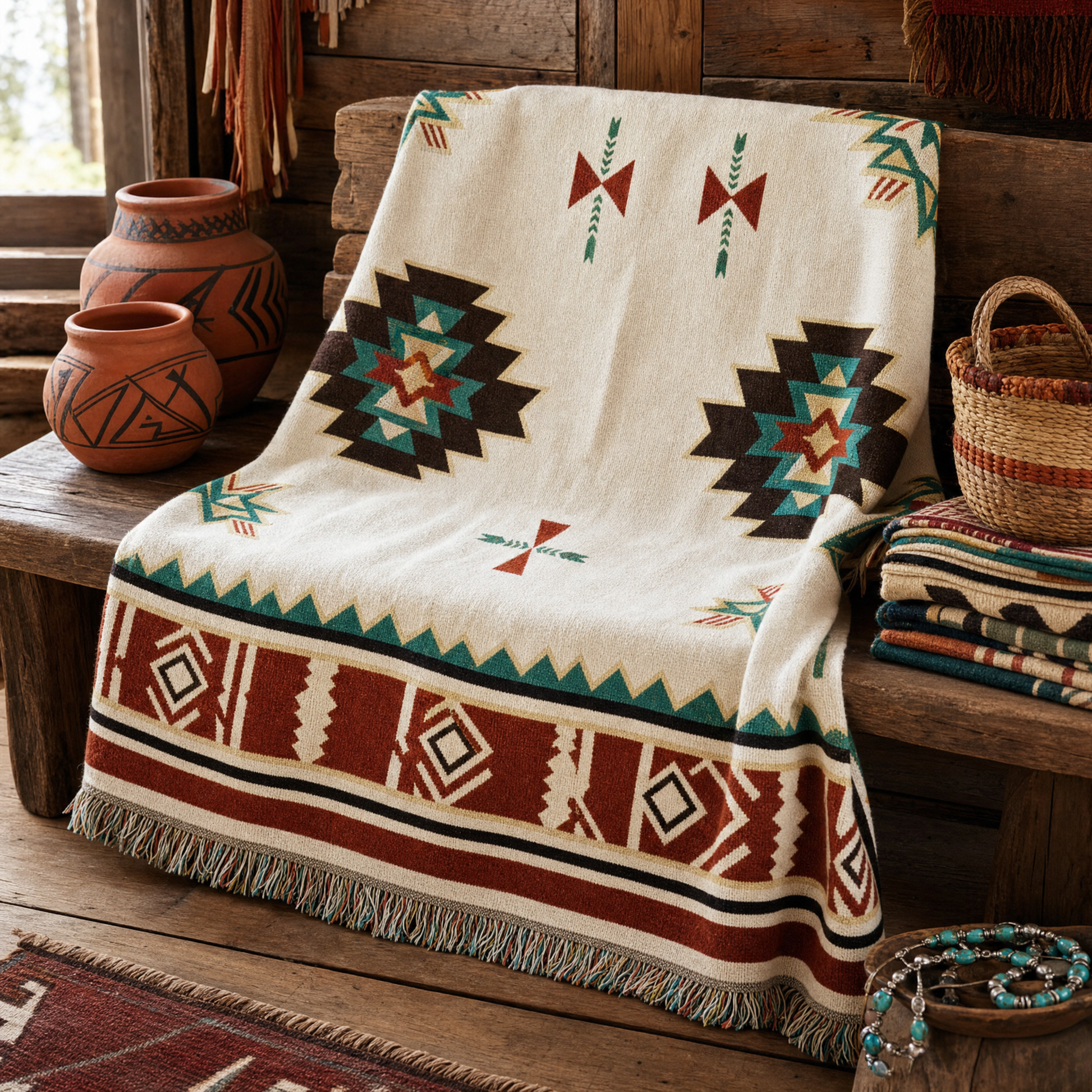 Warp & Willow blanket on a rustic bench, warm trading-post scene