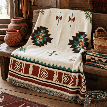 Warp & Willow blanket on a rustic bench, warm trading-post scene