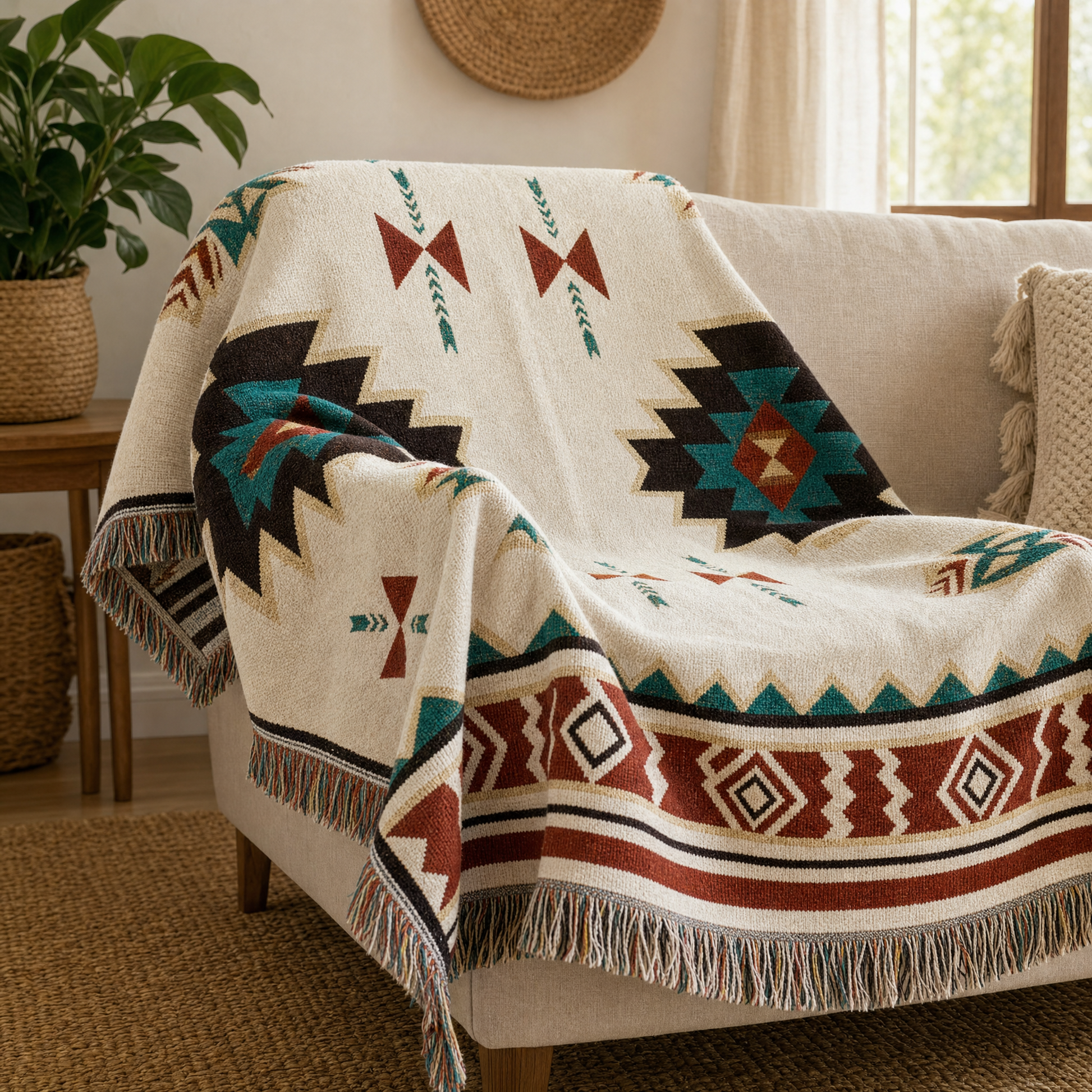 Warp & Willow blanket on a sofa, warm cozy living room