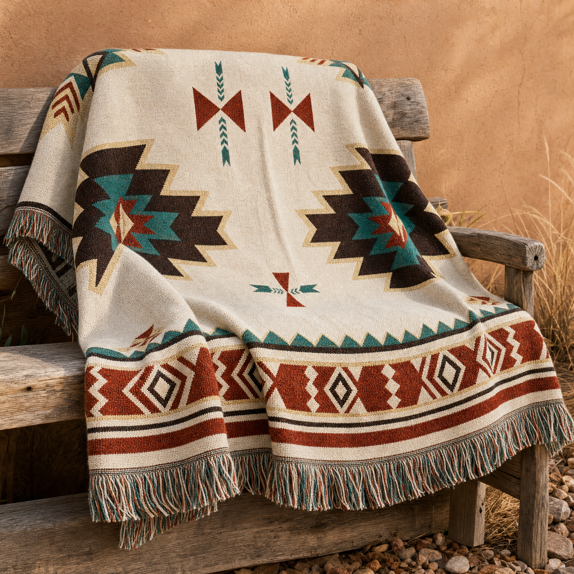 Warp & Willow blanket outdoors against adobe, warm tone
