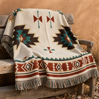Warp & Willow blanket outdoors against adobe, warm tone