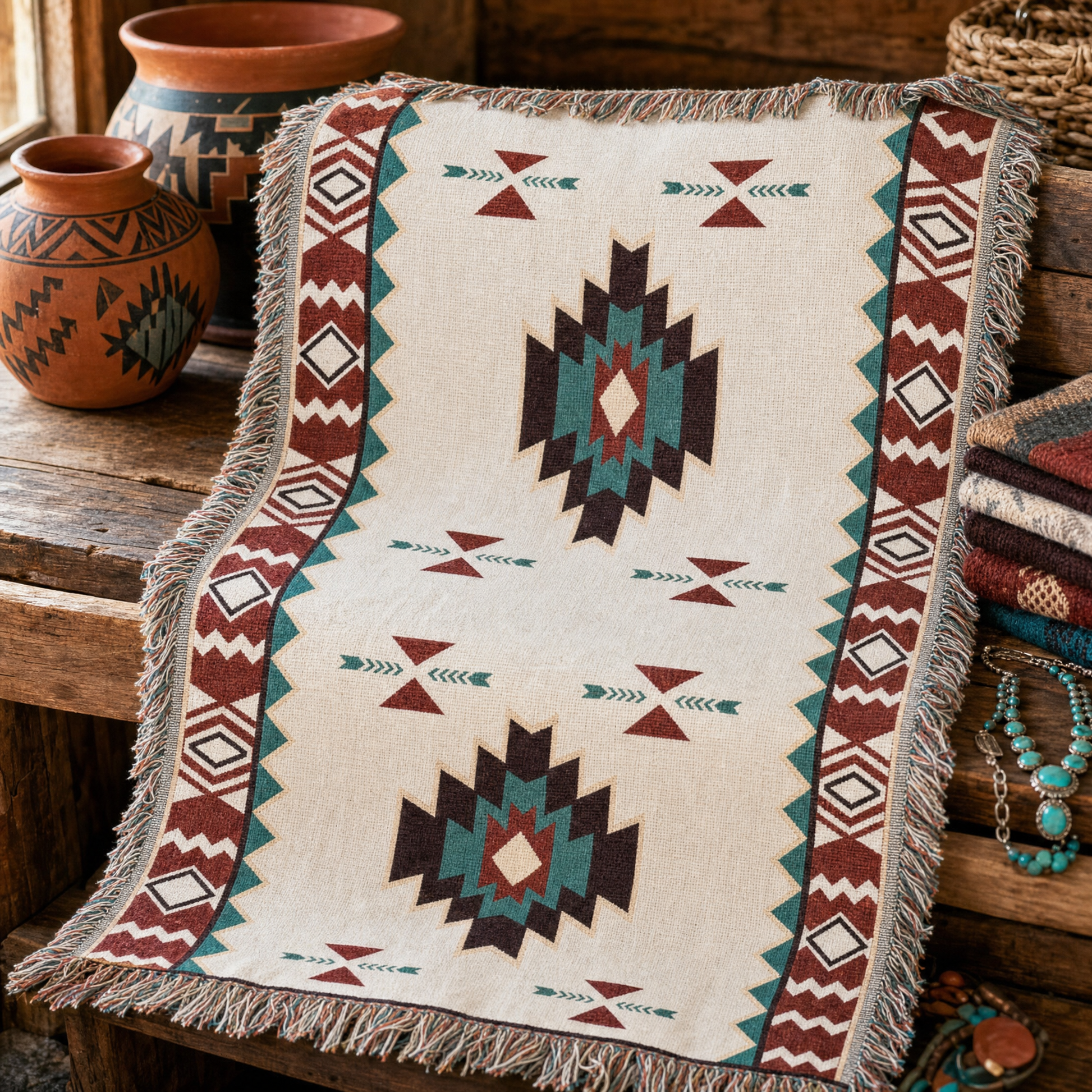 Warp & Willow blanket draped over a rustic bench with Southwestern pottery
