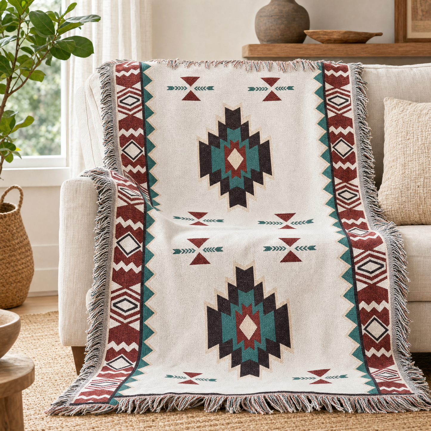 Warp & Willow blanket draped over a cream sofa in a cozy boho living room