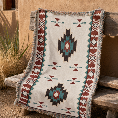 Warp & Willow blanket over a wooden bench against a warm adobe wall