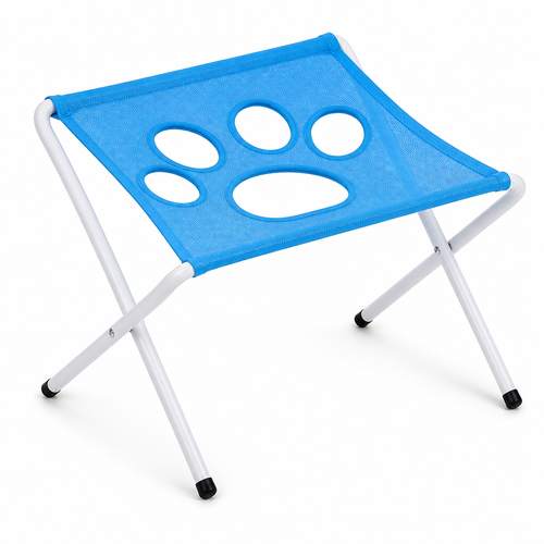Paw Bath foldable pet grooming hammock stand, blue paw-print mesh sling on white folding frame