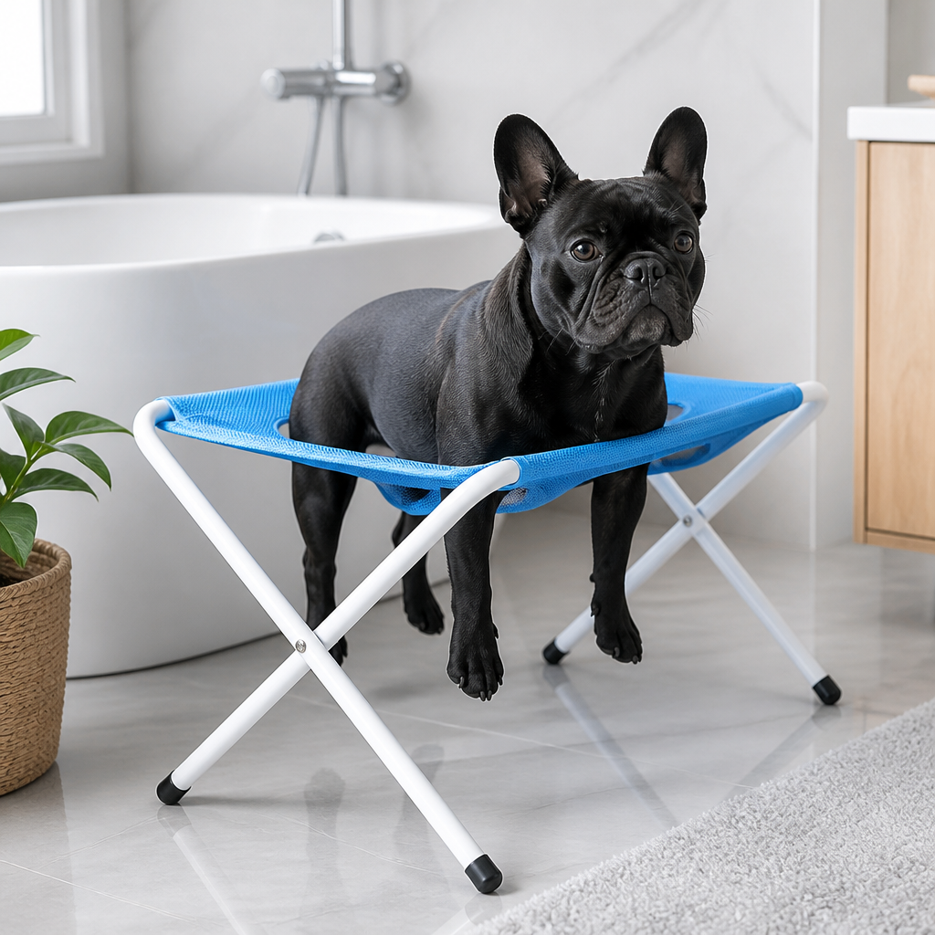 Calm French bulldog resting in the Paw Bath grooming sling in a bright bathroom